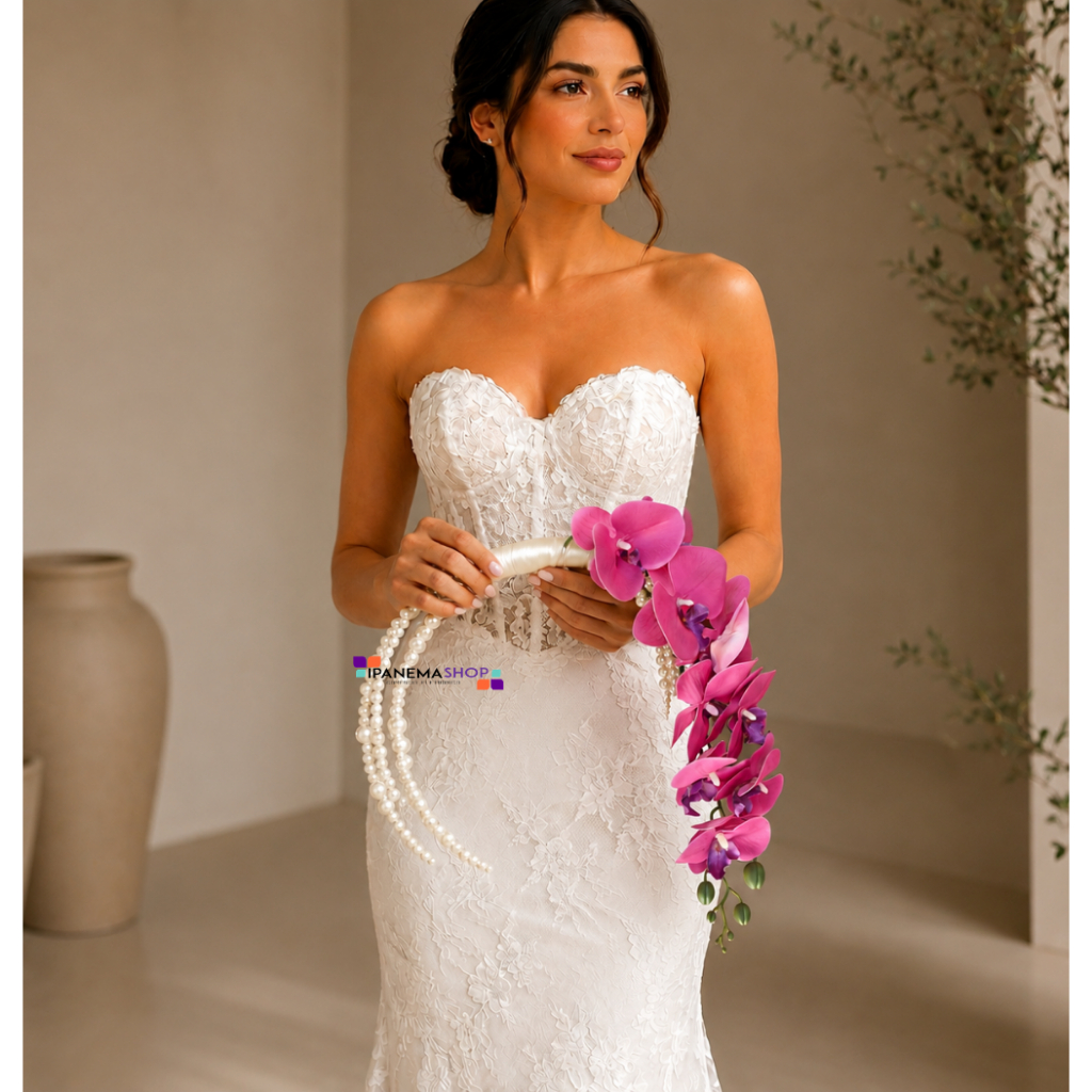 Buquê Bolsa de Noiva Hoop Bouquet com Orquídea e Pérolas - Buquê Moderno