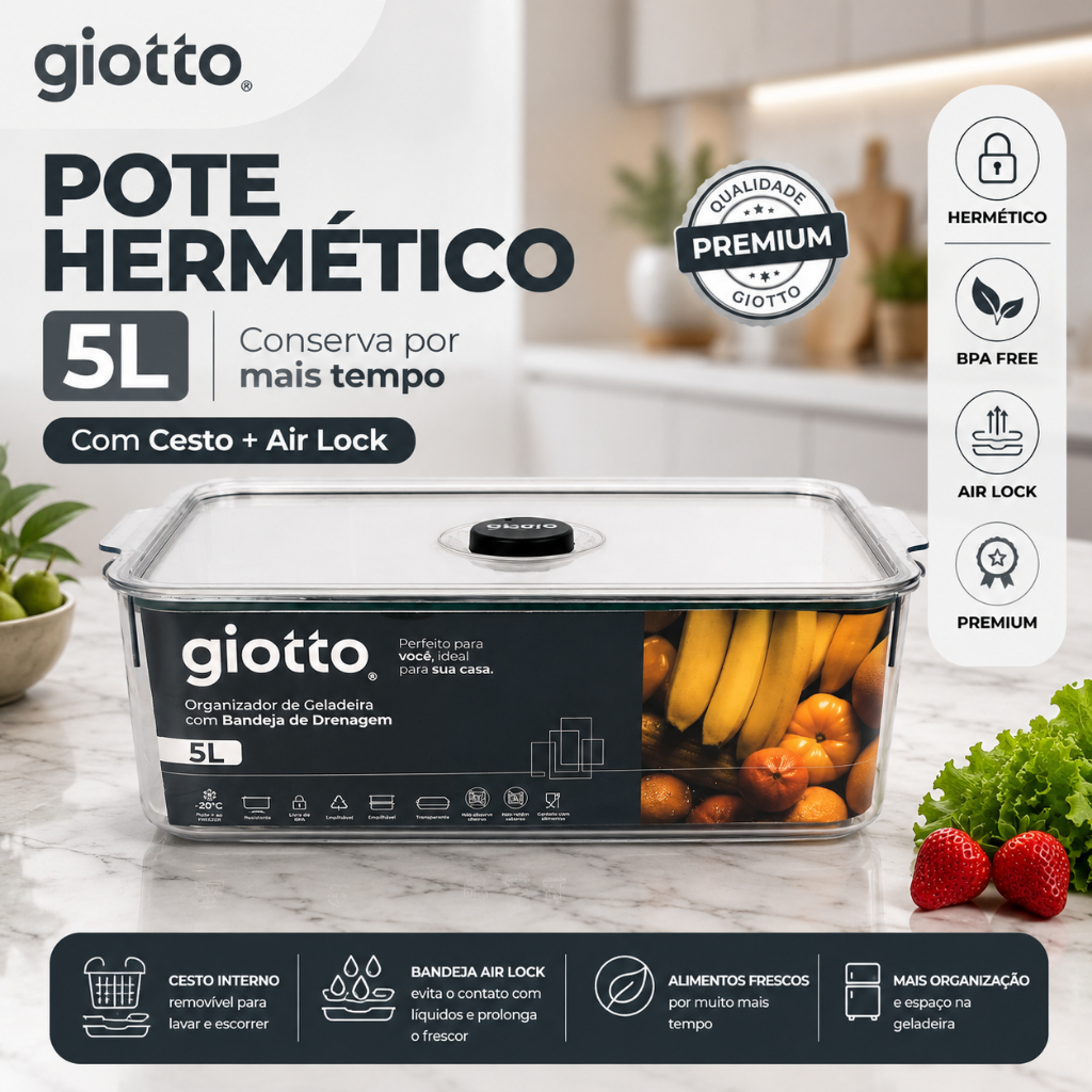 Pote 5 Litros Hermetico vedação Silicone Organizador Geladeira com bandeja de Drenagem Giotto