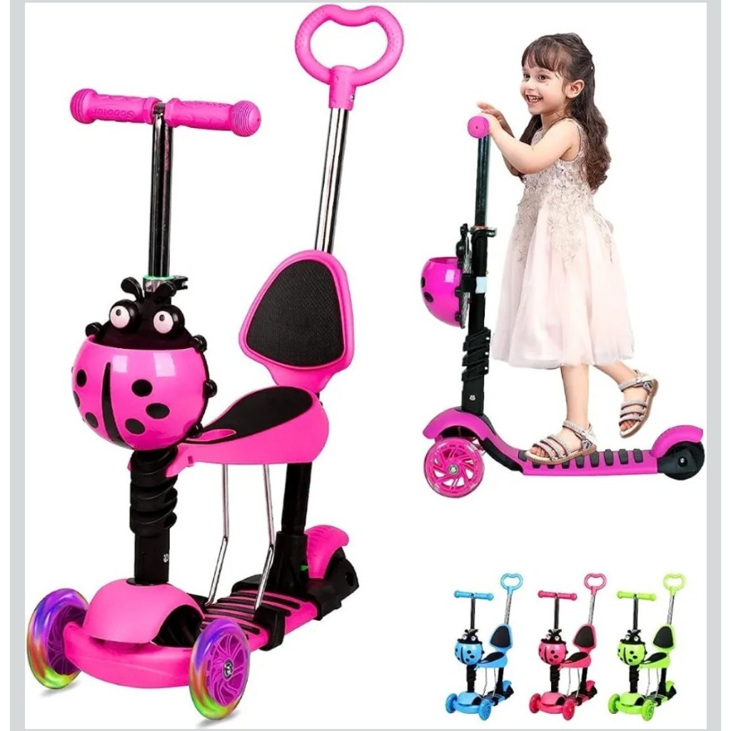 Patinete Infantil Scooter Joaninha 2 em 1 Dobrável 3 Rodas com Empurrador LED Banco Altura Ajustável