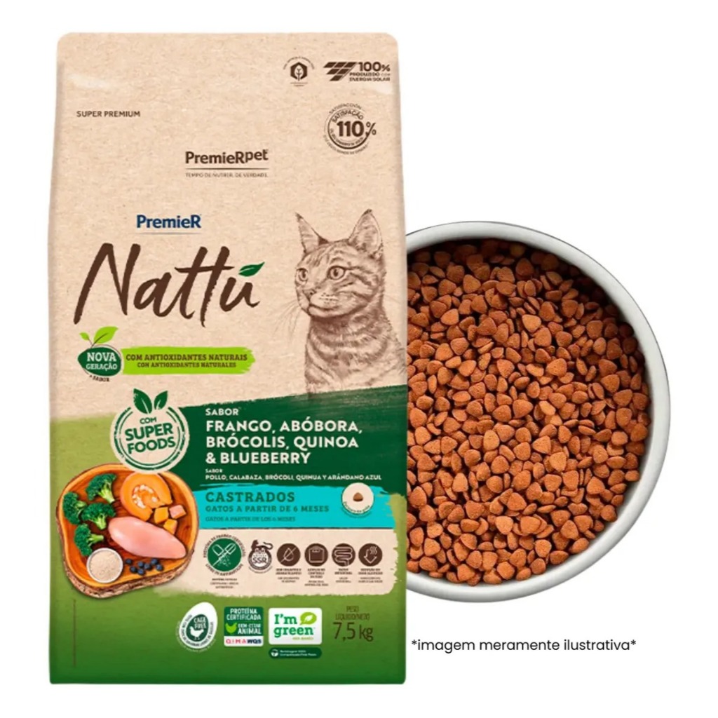 Ração Premier Nattu Gatos Adultos Castrados Abóbora 7,5kg