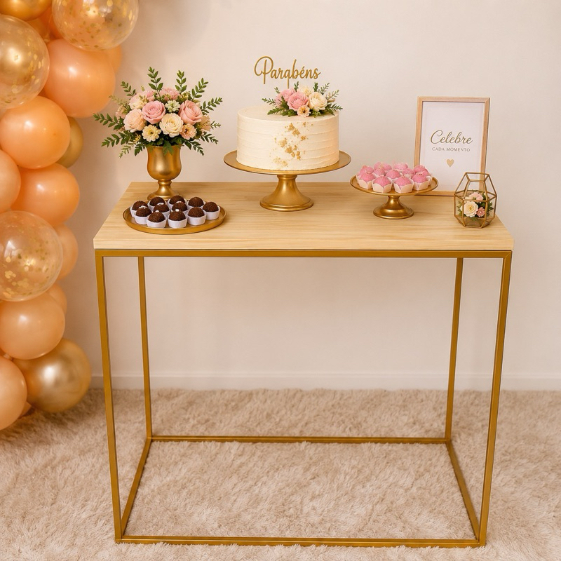 MESA CUBO DESMONTÁVEL 80x40 MADEIRA PINUS E METAL DOURADO INOXIDÁVEL PARA FESTA DECORAÇÃO