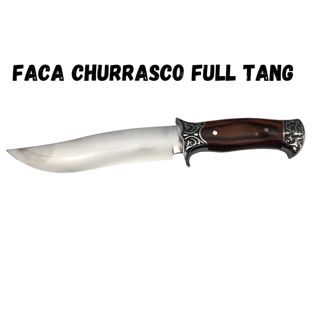 Faca Churrasco Caça e Pesca Cabo Artesanal em Madeira, Full Tang Aço Inox - 1803