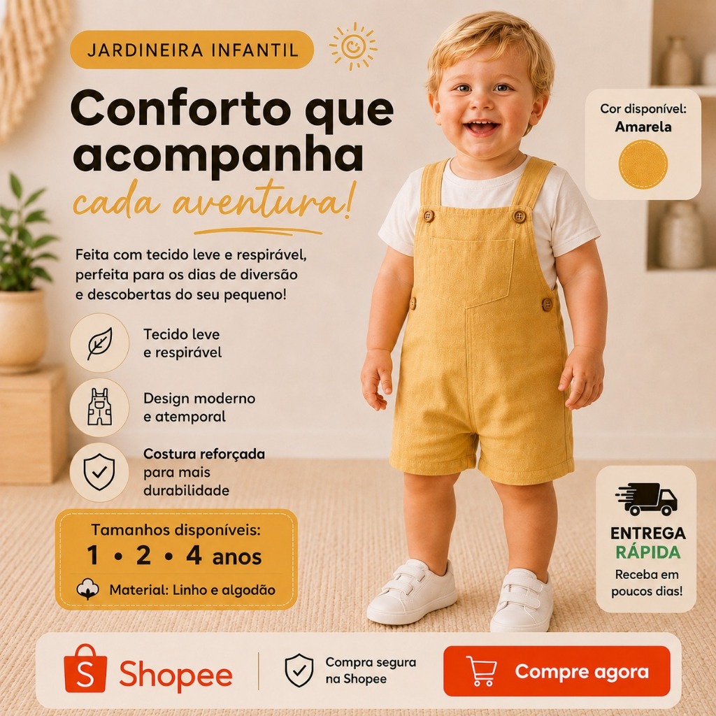 Jardineira de linho que deixa seu bebê confortável, leve e ainda mais encantador nos dias quentes e 1 a 4 anos unissex