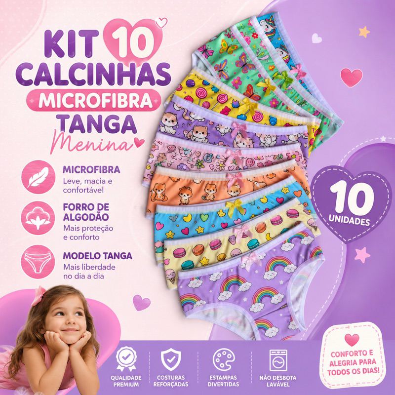 Kit 10 Calcinhas Infantil Microfiba Menina Estampas Variadas com Forro Algodão