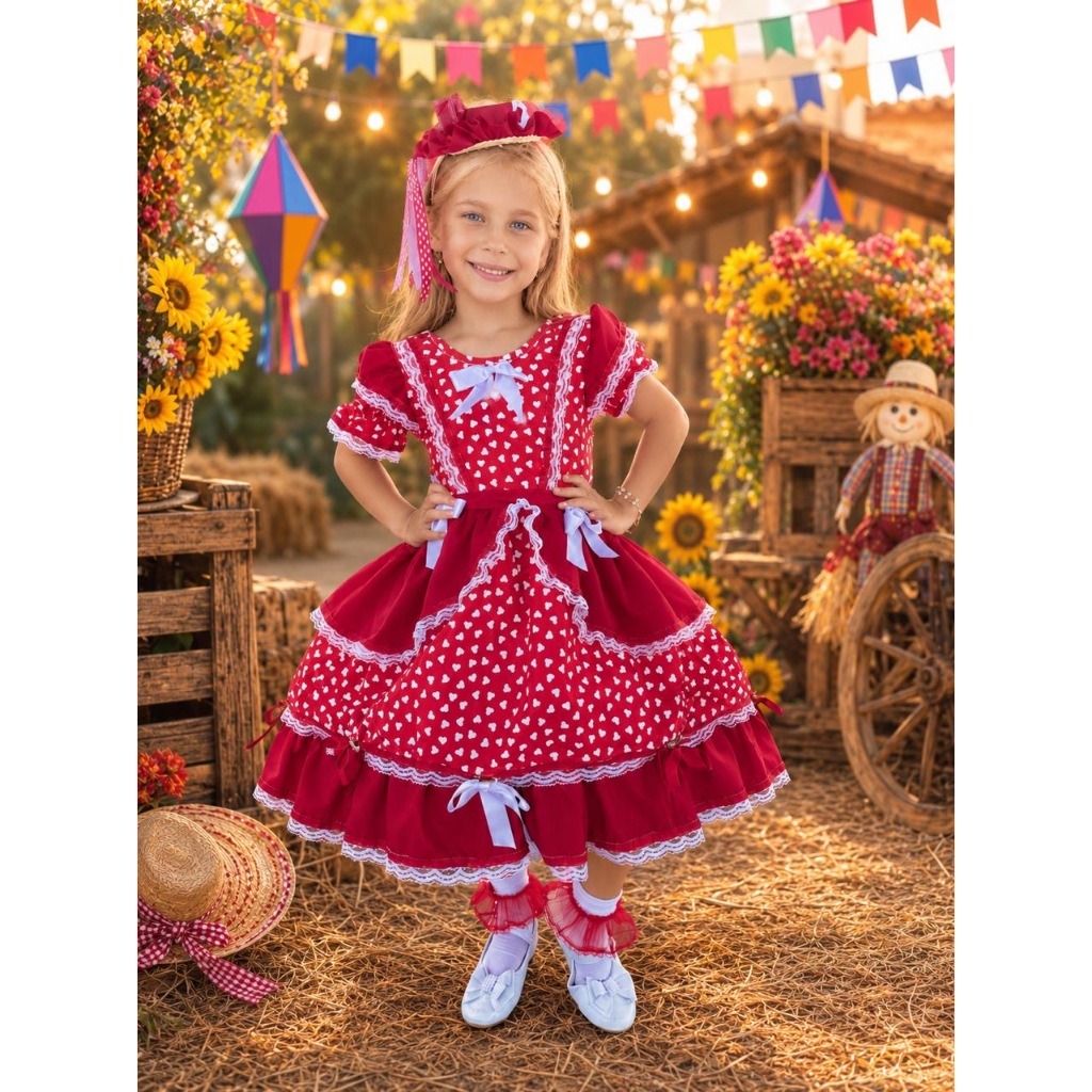 Vestido Infantil Junina Quadrilha C/ Corações - 1 ao 12