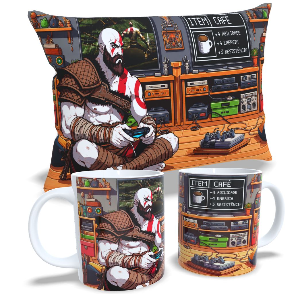 kit Caneca Com Almofada Decoração Video Game God OF War