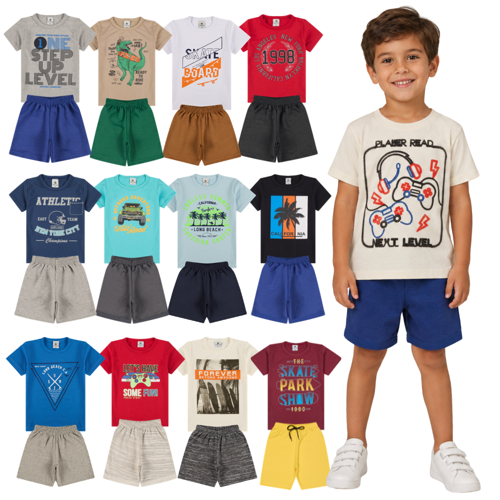 Kit Conjunto Infantil Menino Estiloso do 1 ao 10 | Roupa Infantil Menino Verão | Camiseta + Bermuda Menino