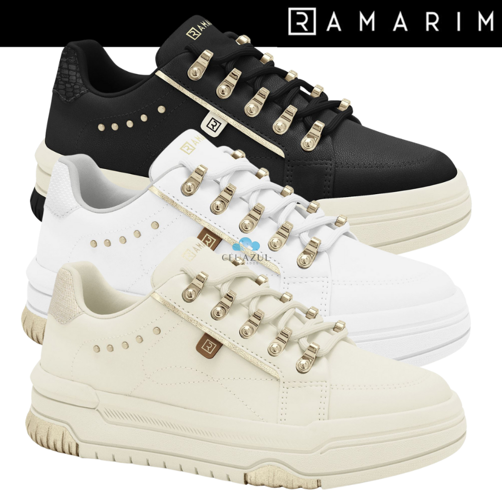 Tênis Casual Ramarim Feminino Off White Detalhes Dourados Metálicos
