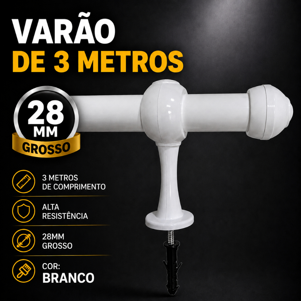 Kit Varão Branco 3m 28mm Grosso Completo Em Metal Para Cortina Moderna E Resistente