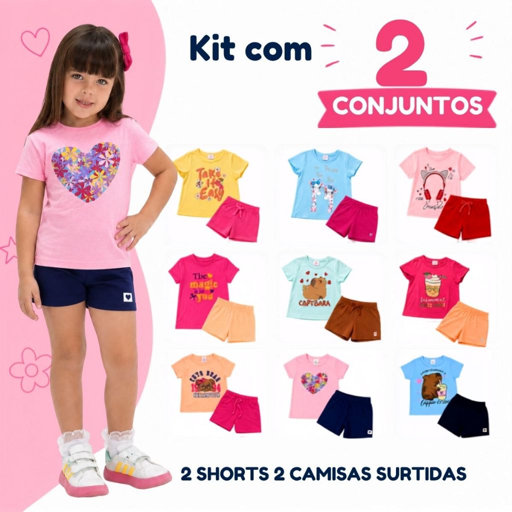 Kits de Conjuntos Camiseta + Bermuda Feminino Infantil Estampado Confortável Dia a Dia 1 a 8 Anos