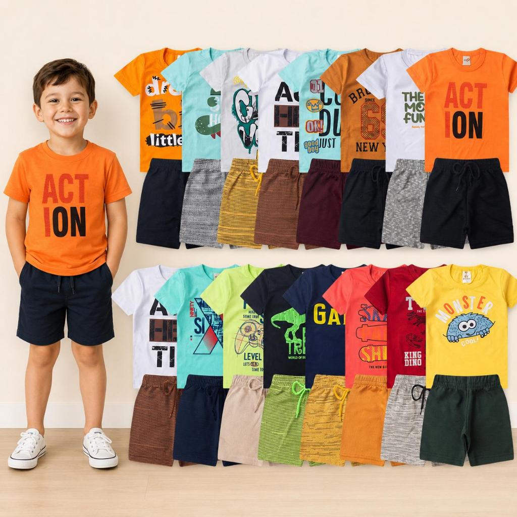 Kit 4 Peças de Roupas Infantil Menino- 2 Camisetas + 2 Bermudas - Kit 2 Conjuntos de Roupa Verão Masculino