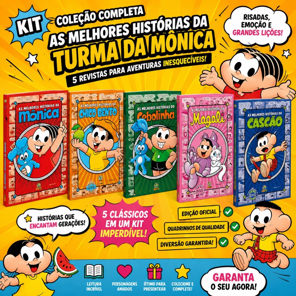 Kit - As Melhores Histórias da Mônica, Cebolinha, Chico Bento, Magali e Cascão - 5 Revistas Com Box