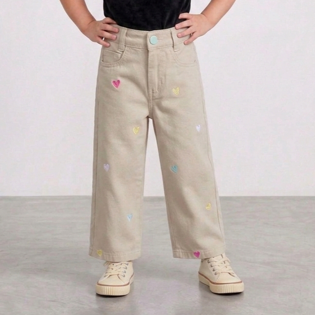 Calça Jeans Wide Leg Infantil Menina Com Bordado De Corações Coloridos (Tamanho 1 ao 3)