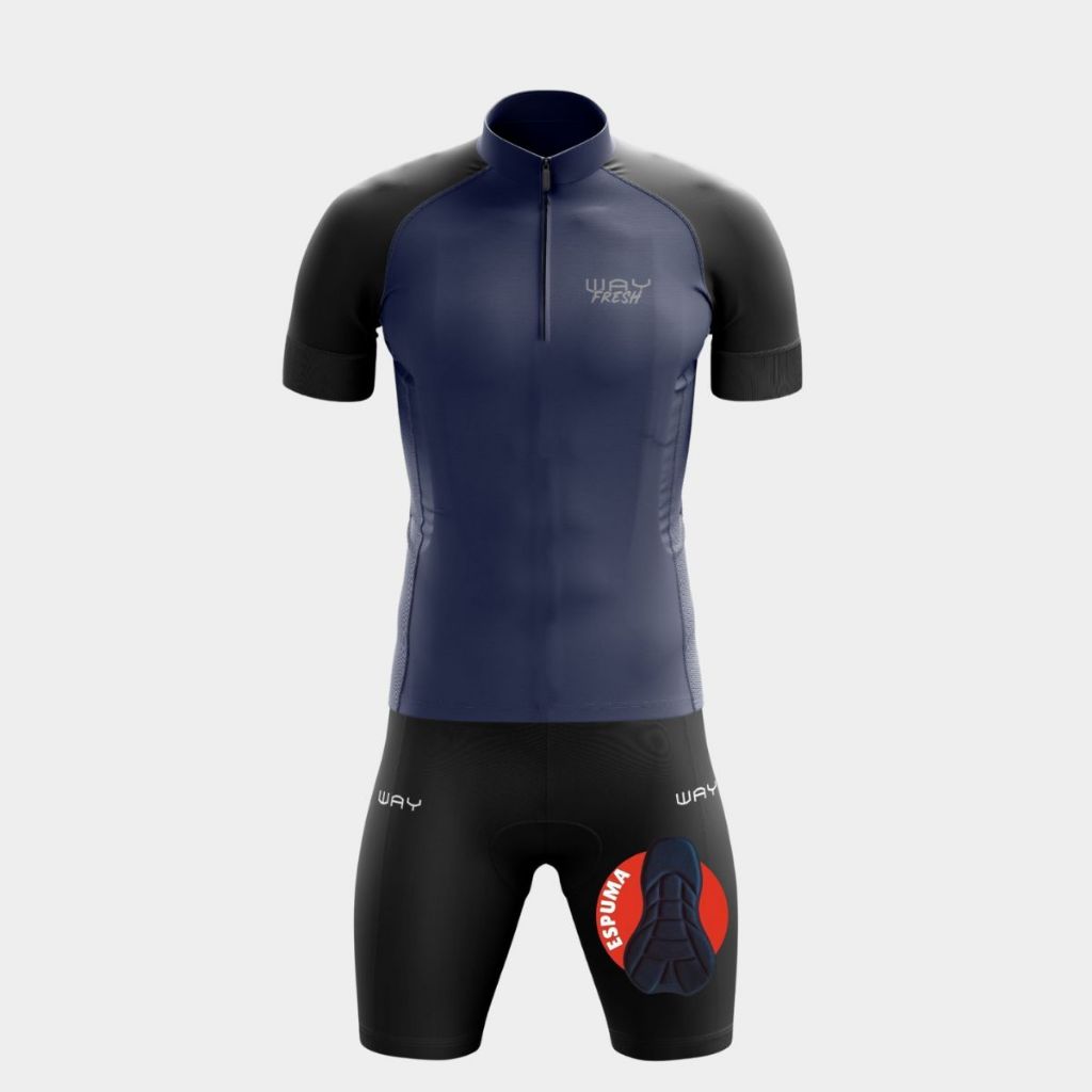 Conjunto Ciclismo Masculino Camisa Refrescante Azul Marinho e Bermuda Forro Espu