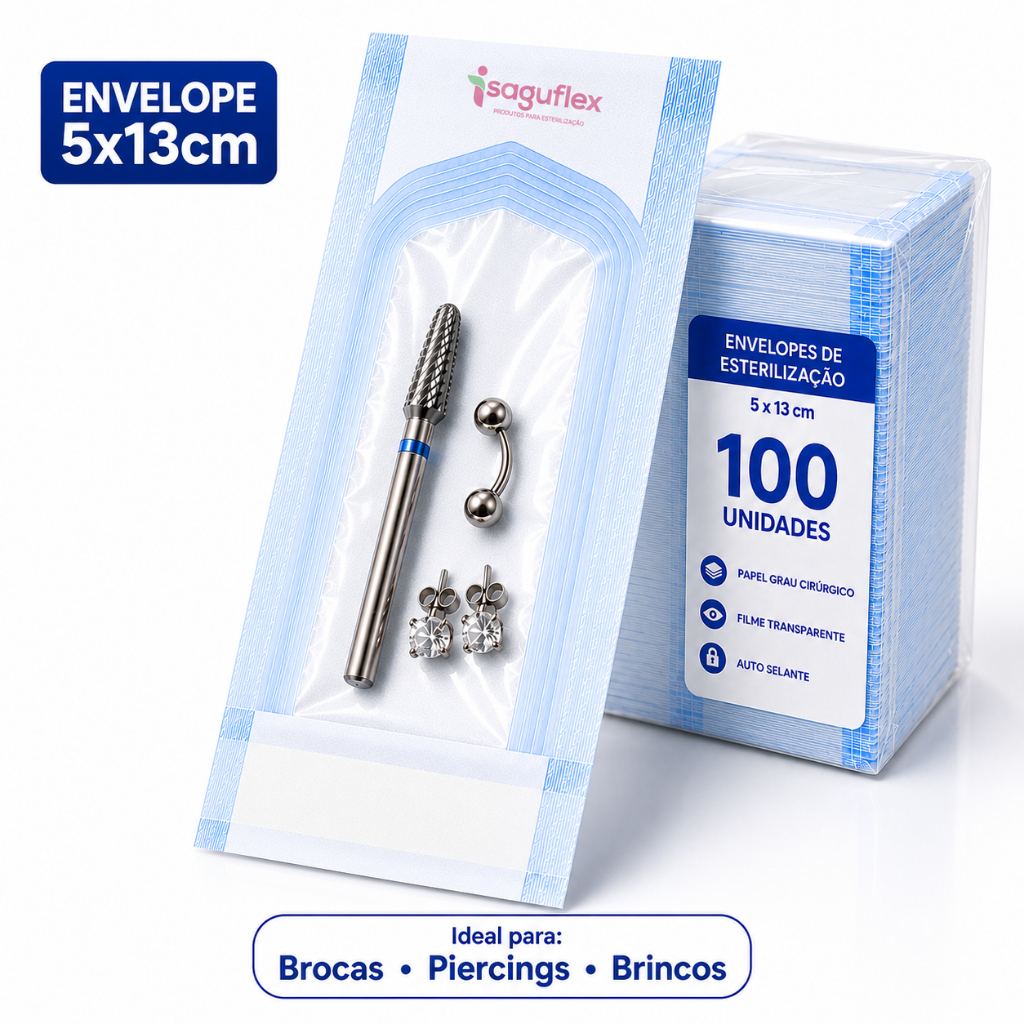 Envelope Esterilização em Autoclave Piercing Limas Brocas Brincos 5x13 100 Unidades