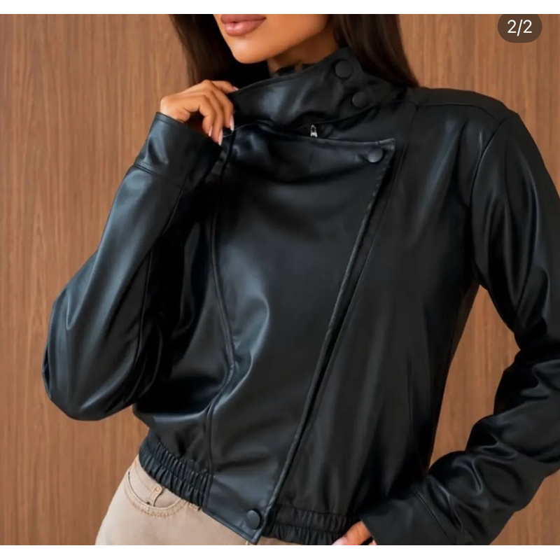 Casaco Jaqueta feminina Couro zíper Gola Moda Lançamento Courino