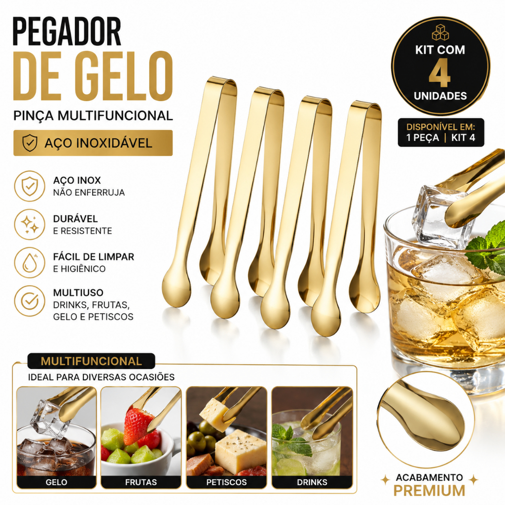 Kit Pegador de Gelo Pinças Multifuncionais para Bar Frios Drinks Petiscos
