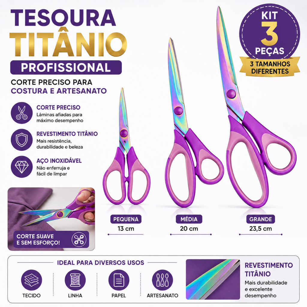 Kit Tesoura De Titânio Profissional 3 Unidades