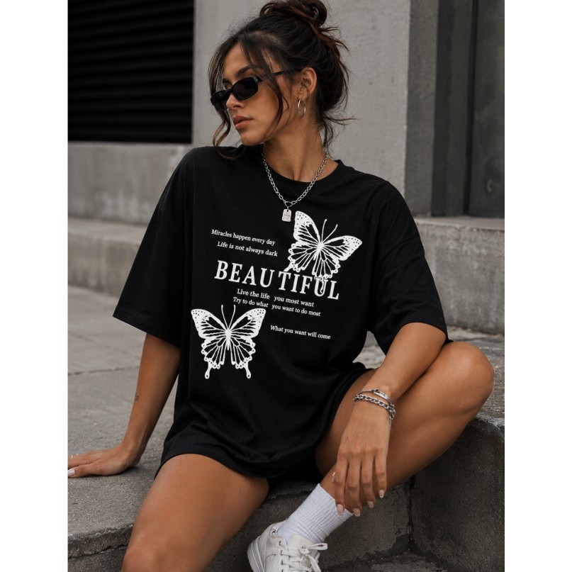 Camiseta Oversized Feminina Beautiful Borboleta Streetwear Estampada Premium