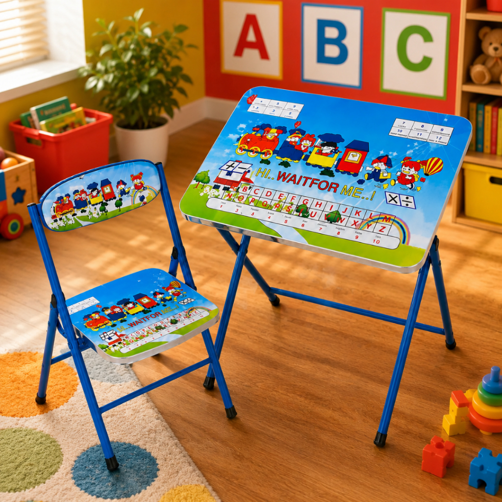 Conjunto Mesa Cadeira Infantil Dobravel 3 Cores Azul Rosa Verde Educativa Estudo Desenho e Atividades