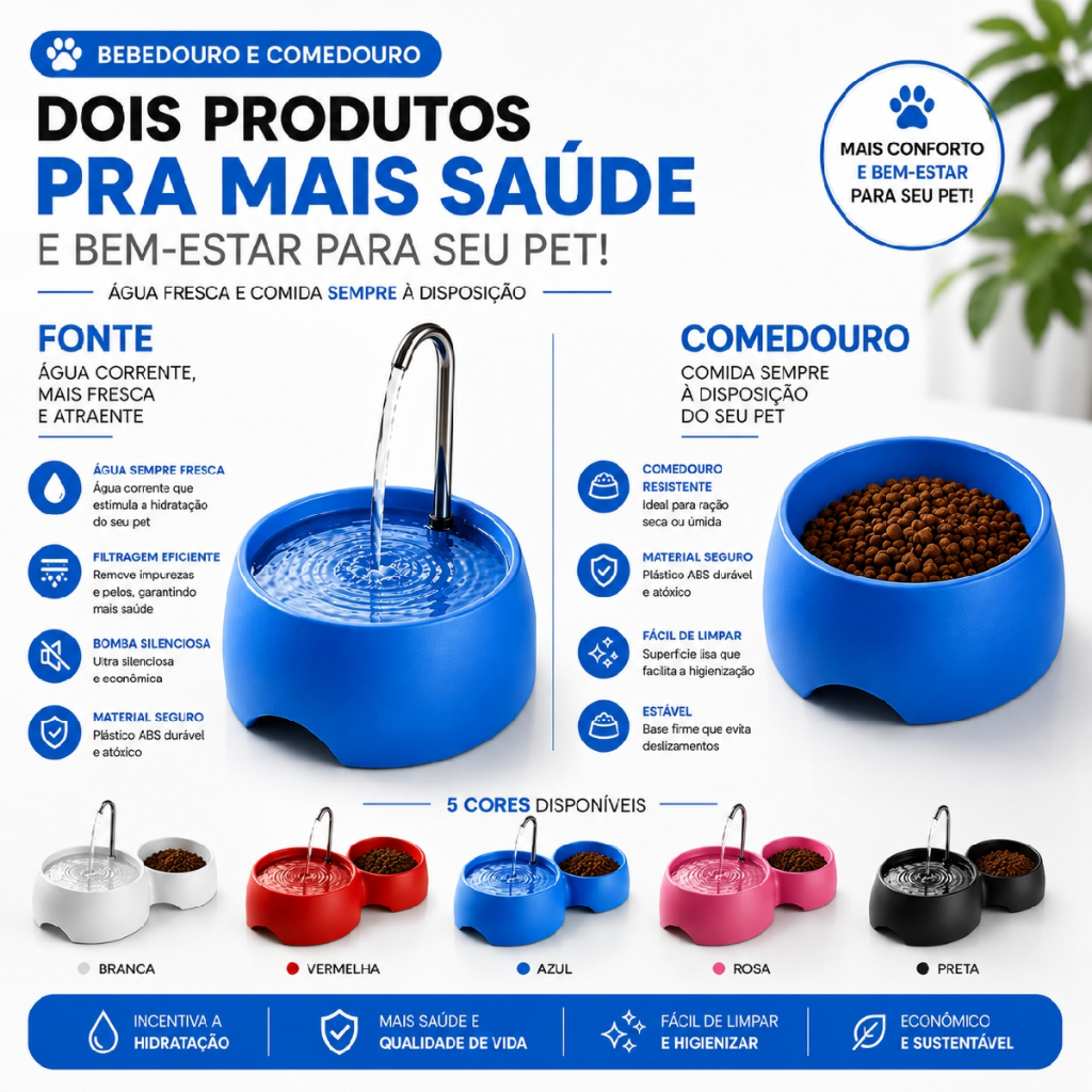 Fonte Bebedouro Cães e Gatos H2O Azul + Comedouro extra 600ml