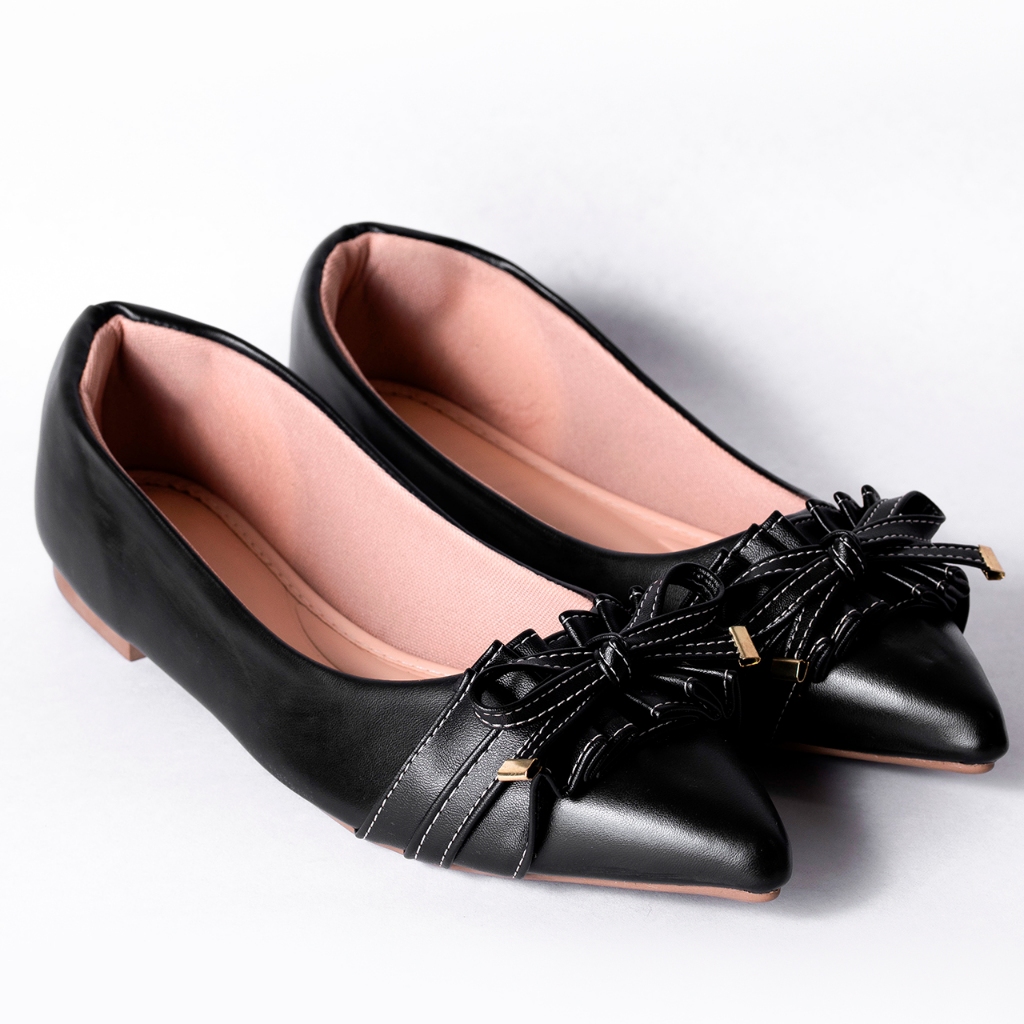 Sapatilha Feminina Bico Fino Laço Plissado Elegante Detalhe Dourado Confortável Fashion Tendência Moderno
