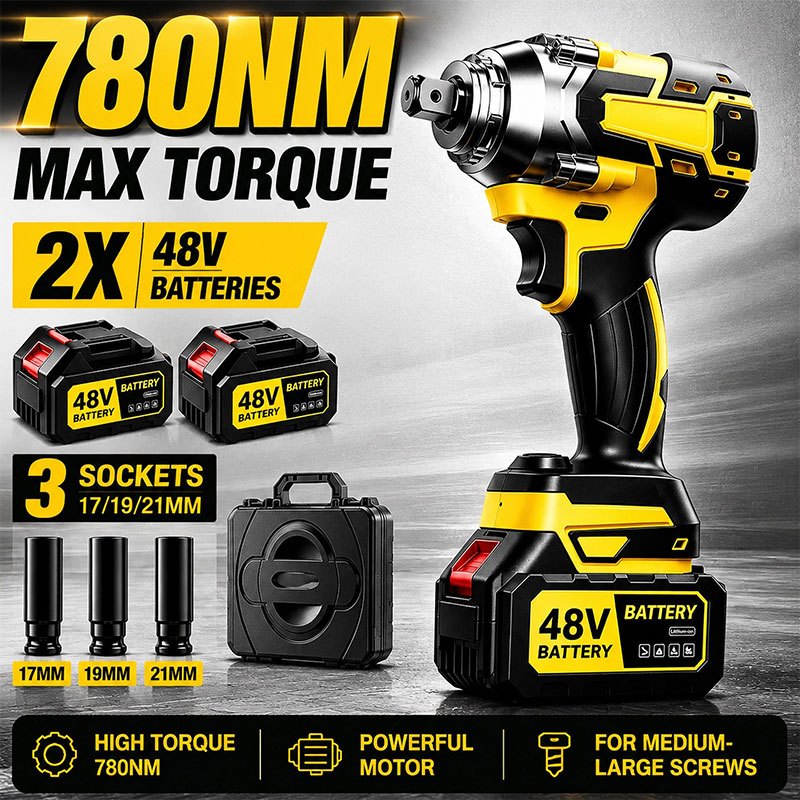 Parafusadeira de Impacto 48V 780NM Kit Completo 2 Baterias + Soquetes 17/19/21mm Alta Força Profissional Oferta Limitada
