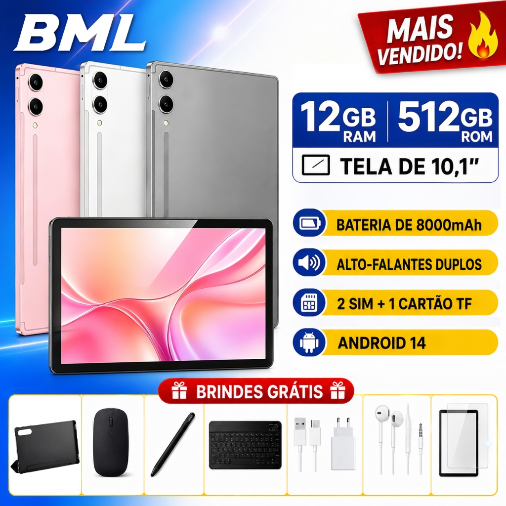 Tablet premium com teclado e mouse inclusos, configuração potente 12GB de RAM, 512GB de armazenamento e conectividade 5G