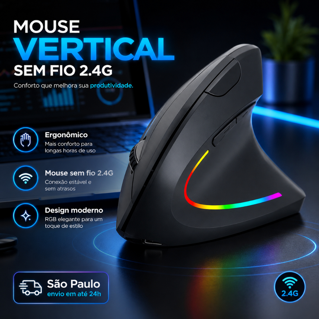 Mouse Vertical Gamer 2.4G Sem Fio RGB Design Ergonômico Alta Precisão para Trabalho e Estudo