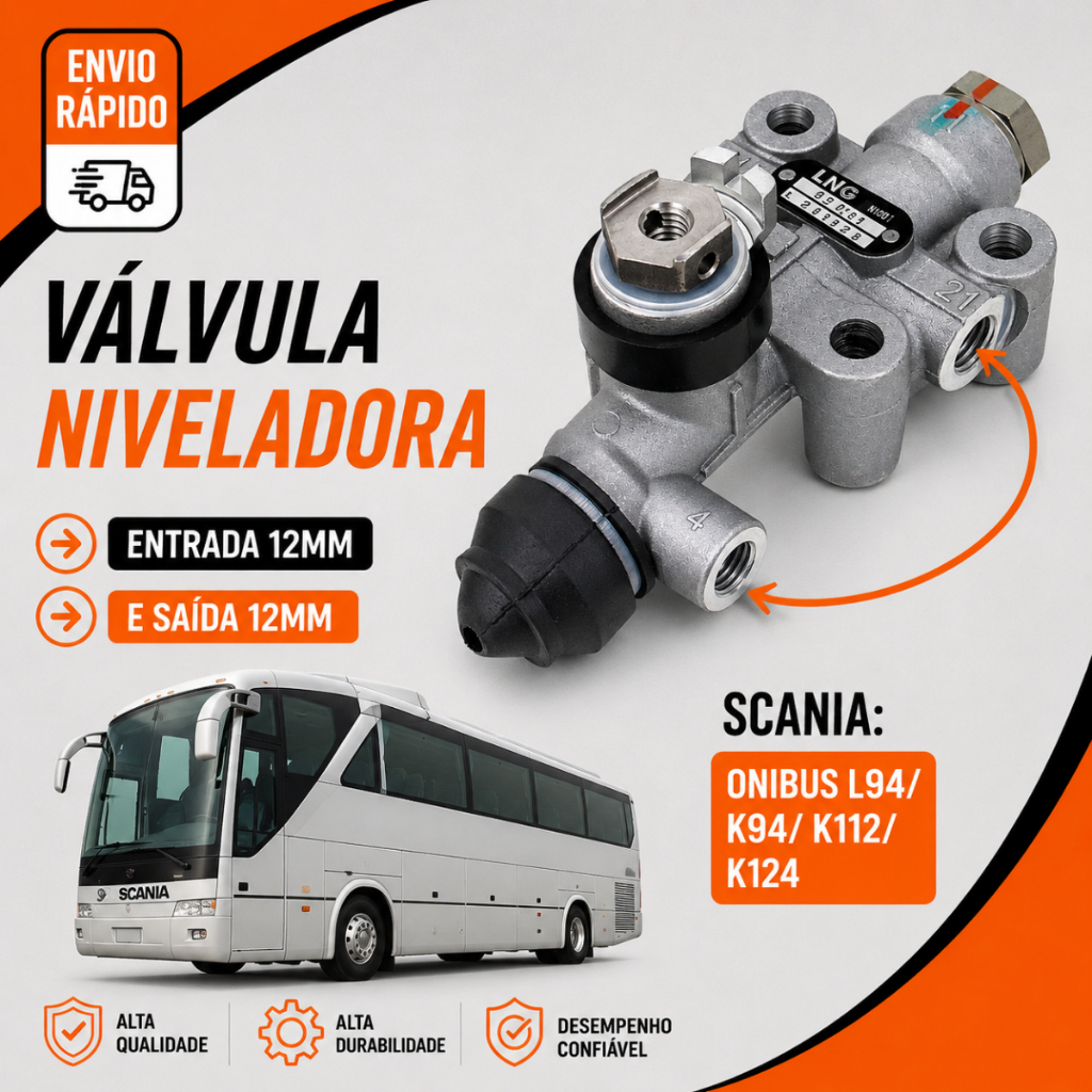 Válvula Nivelamento Scania ONIBUS K112 ONIBUS K94 ONIBUS L94 ONIBUS K124 entrada/ saida 12 mm