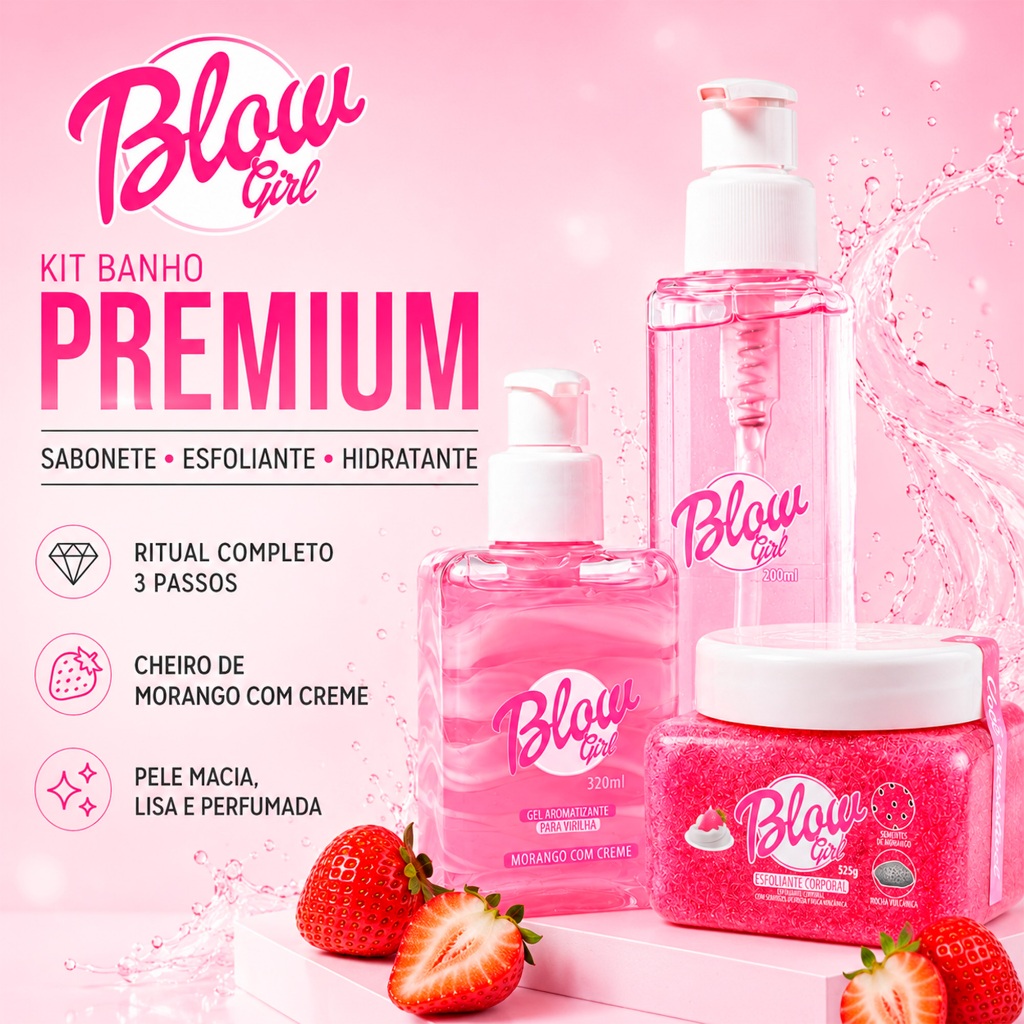 Kit Skincare Corporal Banho Morango Blow Girl Sabonete Esfoliante Hidratante Pele De Seda