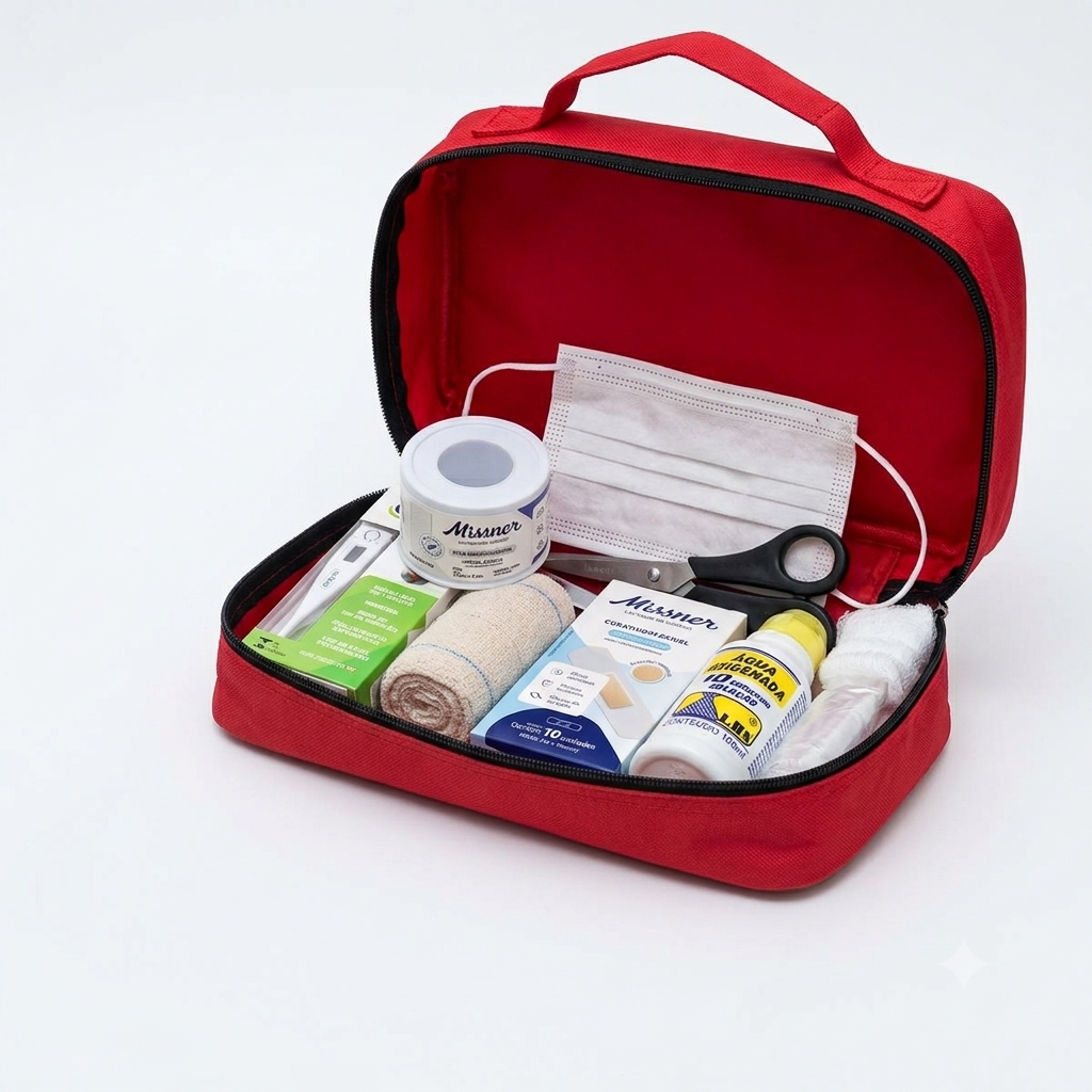 Kit de Primeiros Socorros Completo com Máscara Descartável Termômetro Bolsa Portátil