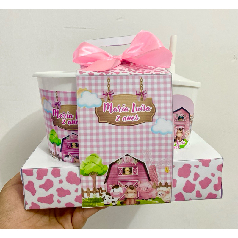 KIT CINEMA NA CAIXA FAZENDINHA ROSA MENINA/ LEMBRANCINHAS FESTA INFANTIL/ BRINDE PAPELARIA PERSONALIZADA