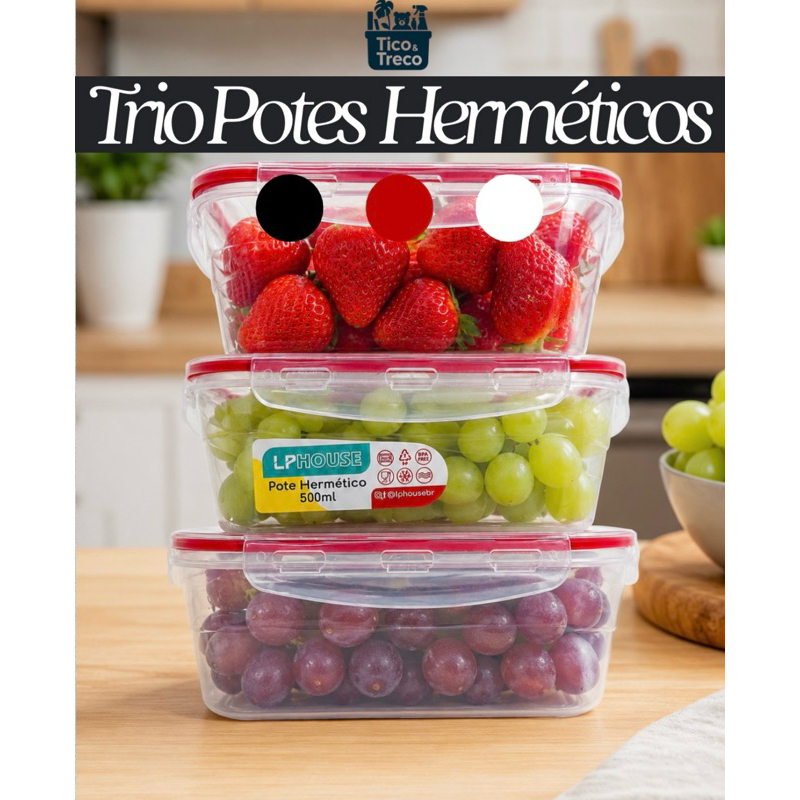 kit 3 Potes Herméticos de Plástico c/ Lacre Trava Alta Vedação de Silicone Não Vaza 500 ML Marmita