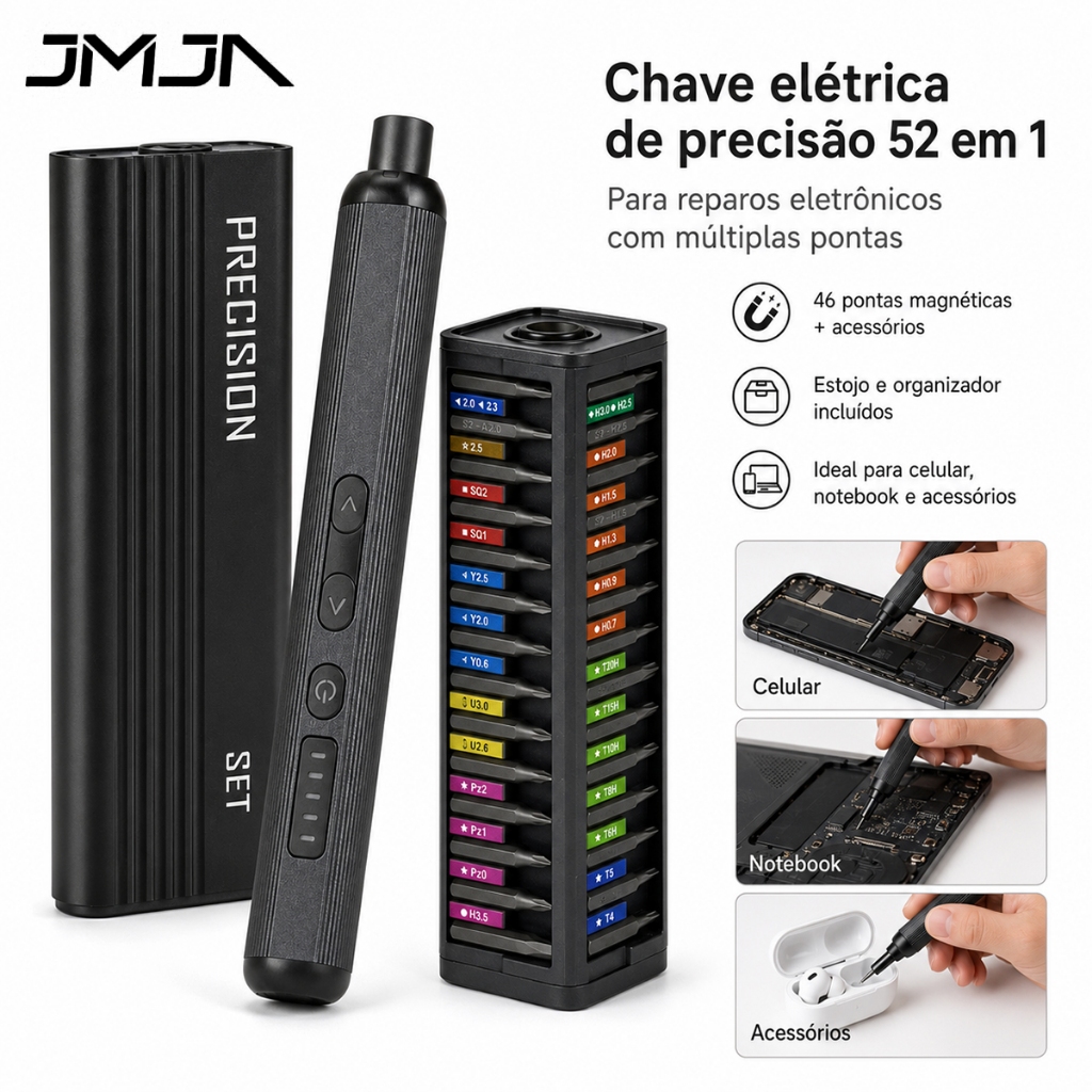 JMJN Parafusadeira Mini Eletrica 52 em 1 3.7V Ponteiras Magneticas Sem Fio Kit R