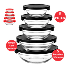 Conjunto 5 Potes de Vidro com Tampa para Alimentos Geladeira Freezer Cozinha 145 a 900ml