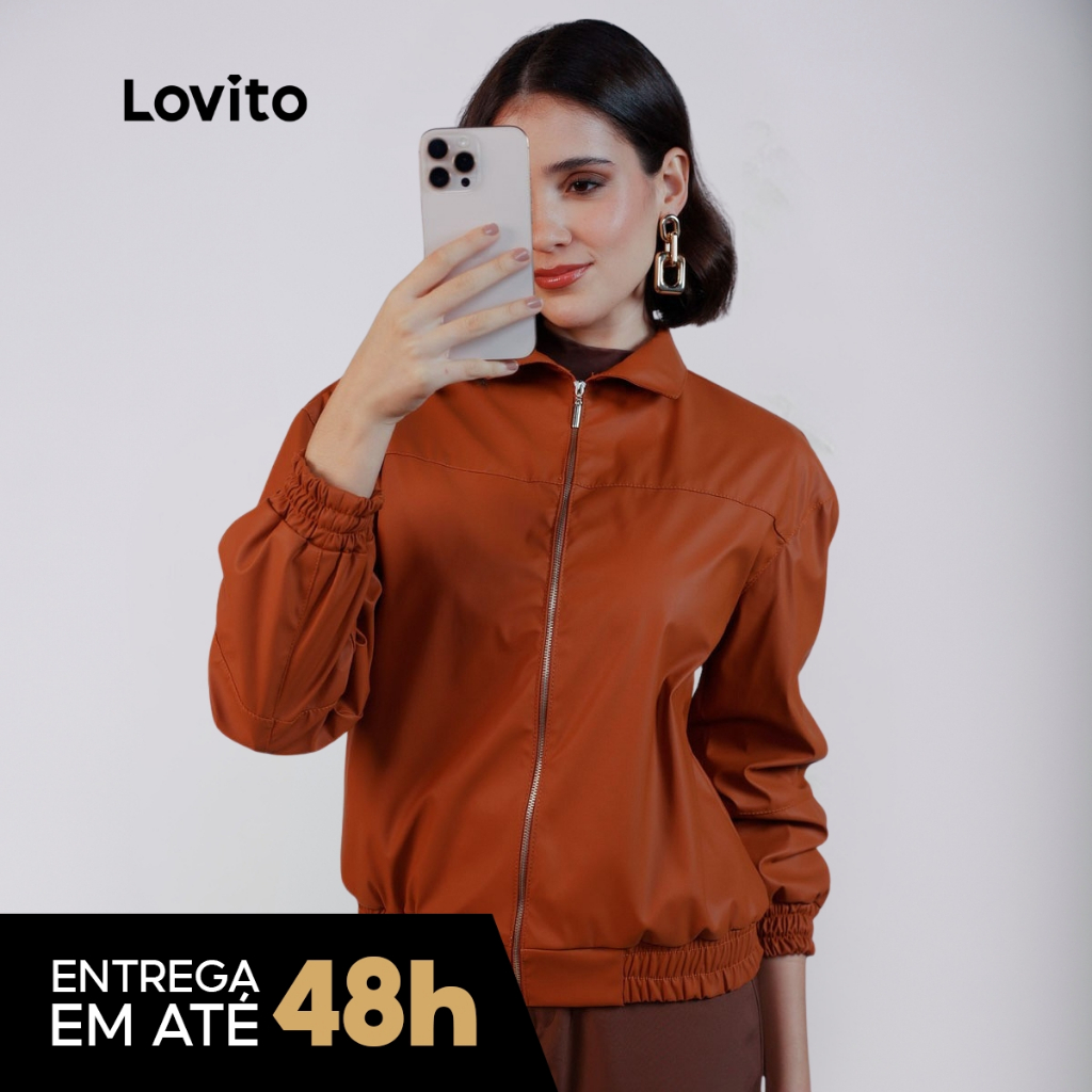 Lovito Jaqueta Bomber Manga Longa Couro Fake Moda Feminina Basica JKB444BRL473