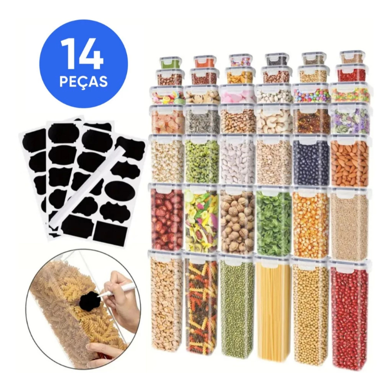 Kit 14 Potes Herméticos Plástico Tampa Trava BPA Free Empilhável Cozinha Dispensa Organizador Mantimentos Transparente