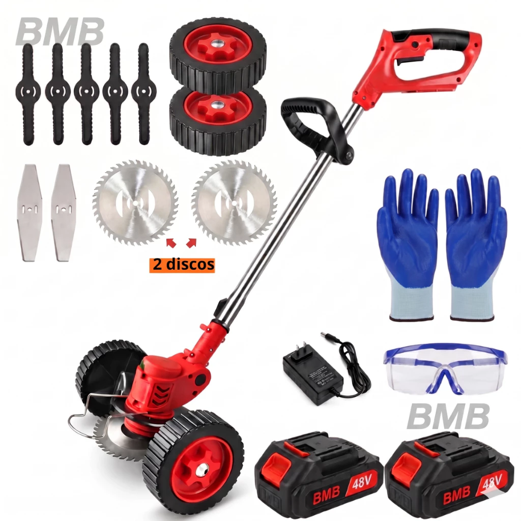 Roçadeira Aparador Cortador De Grama Elétrico Recarregável Com Rodas 2 Baterias de Lítio kit completo — imagem 1