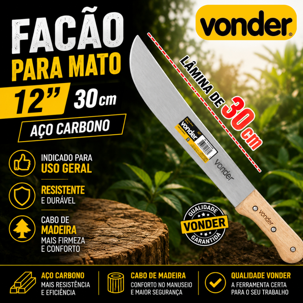 Facão Para Mato Vonder 12'' 30cm Aço Carbono Cabo De Madeira Original Resistente Camping Roçagem
