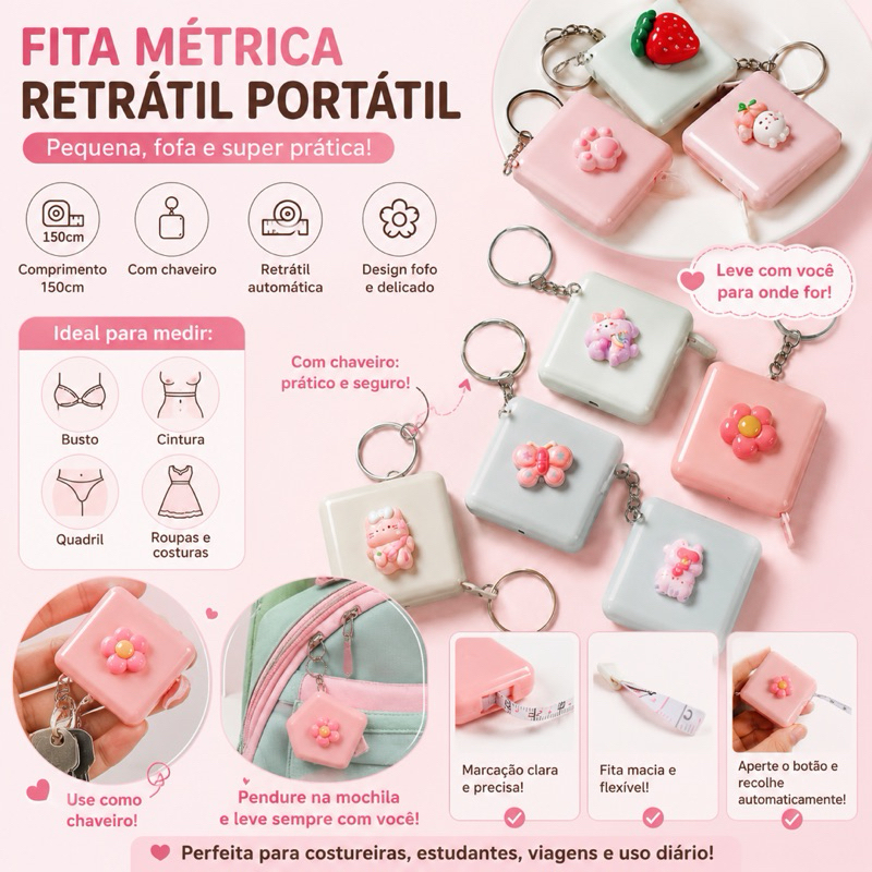 Fita Métrica Retrátil Portátil 150cm Mini Trena Flexível Chaveiro Cartoon Medidor de Corpo Cintura Busto Costura（novo)