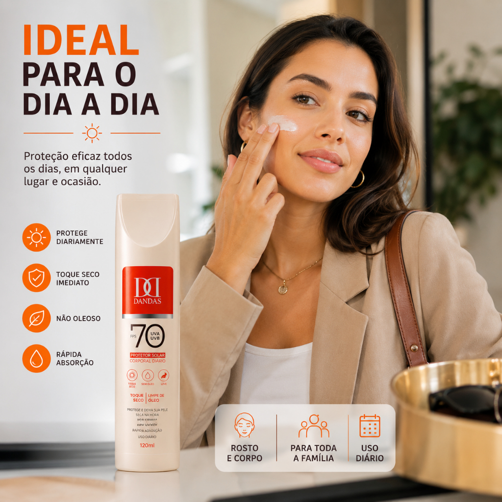 Protetor Solar FPS70 Dandas 150ml Toque Seco Imediato S/ Oleosidade Uso Diário  UVA UVB ROSTO/CORPO