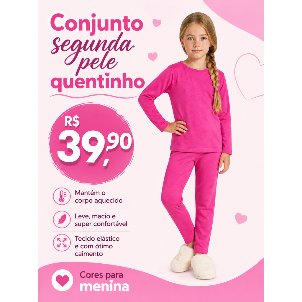 Conjunto Térmico Infantil Blusa e Calça Segunda Pele do tamanho 2 ao 12 Para Menina - Conjunto Quentinho Frio Inverno