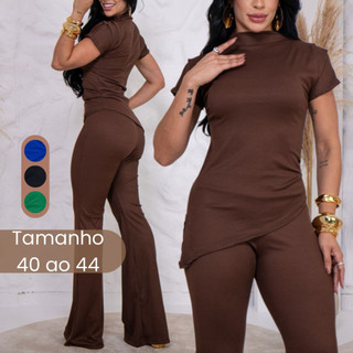 Conjunto Feminino Calça Pantalona e Blusa Manga Curta LUXO