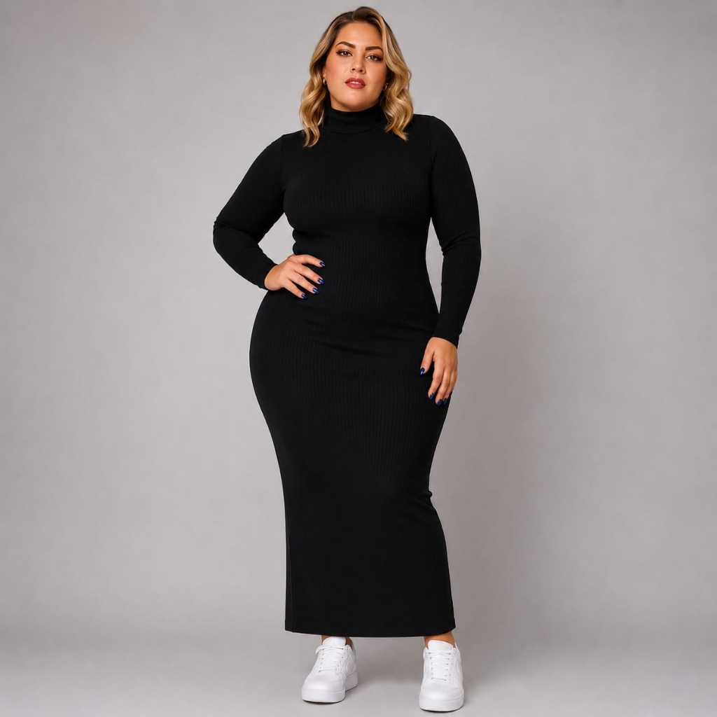 Vestido Plus Size Longo Feminino em Ribana Marrom com Gola Alta MODA EVANGELICA