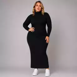 Vestido Plus Size Longo Feminino em Ribana Marrom com Gola Alta MODA EVANGELICA