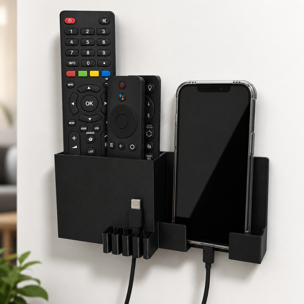 Suporte Controle Remoto Celular 2 em 1 Parede Sem Furo com Porta Cabo Organizador Inteligente