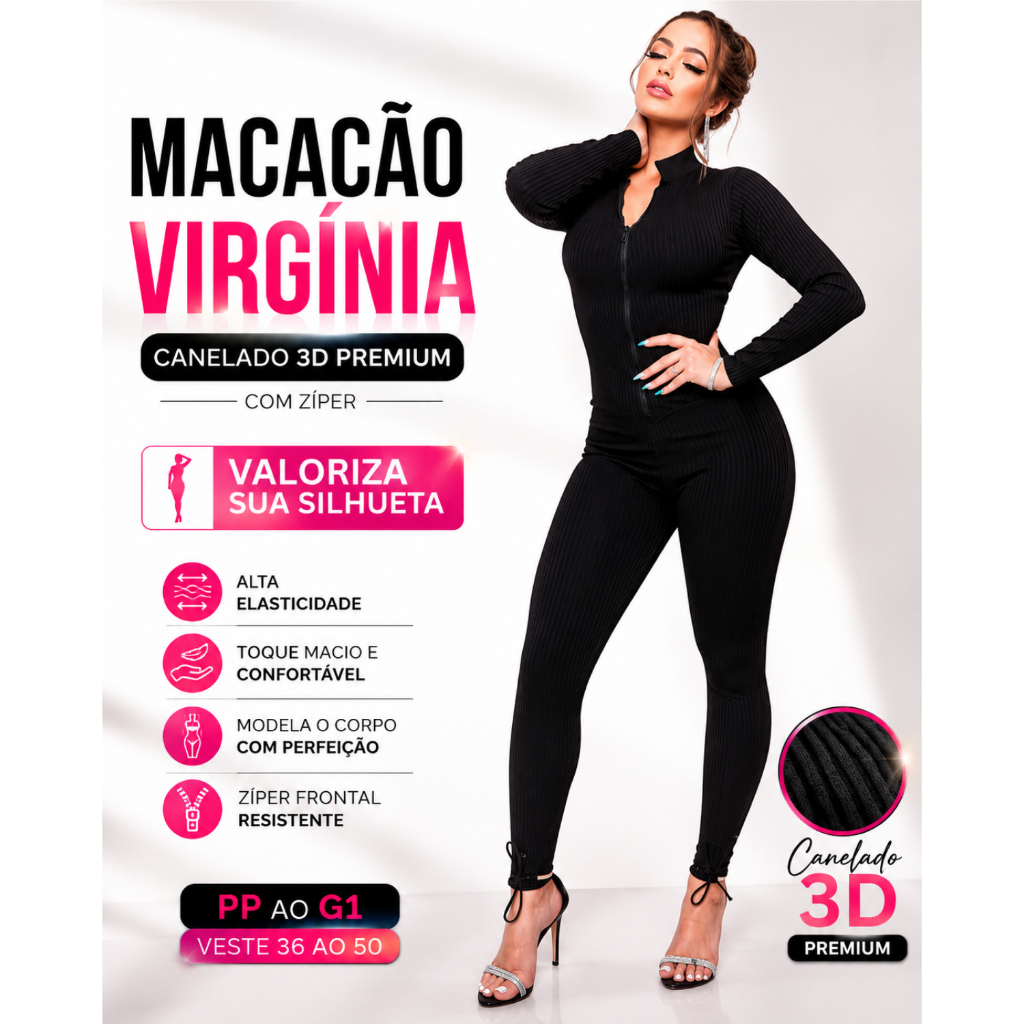 Macacão Virgínia Feminino ZERO Transparência Longo Canelado 3D Premium Com Zíper P ao G1 Modelador Academia Casual
