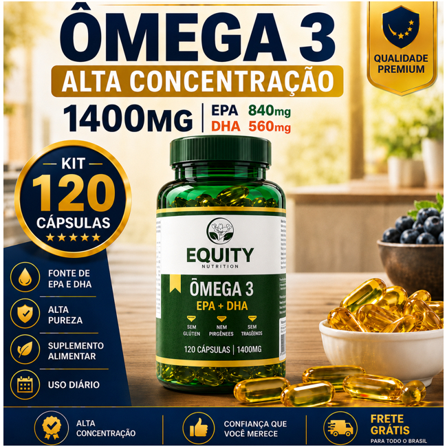 Omega 3 1400mg 120 Cápsulas EPA 840mg DHA 560 Alta Concentração Saúde Coração e Cérebro