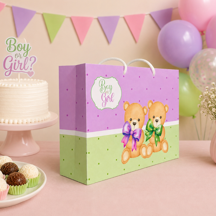 Kit Festa Sacolinha Personalizada Ursinhos Verde e Lilás | Lembrancinha de Aniversário | Chá revelação